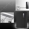 A collage of images showing a black dehumidifier, a close-up of its vents, and a diagram illustrating its connection to a power source. Voir les images du produit