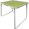 A foldable camping table with a green top and silver metal legs, shown from a diagonal angle against a white background. Produktbild-Vorschau