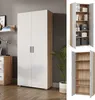 A tall, two-door cabinet with a white front and wood-grain sides, shown in a room setting with a desk and plant. Also shown are two separate views of the cabinet with its doors open, revealing shelves. Voir les images du produit