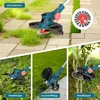 A collage of images showing a cordless grass trimmer with different attachments and in various garden settings. Produktbild-Vorschau