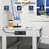 A desk with a computer, a coffee cup, and an embedded power strip with USB ports. The image also features marketing icons highlighting product features. Produktbild-Vorschau