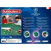 The image shows the packaging of a Subbuteo Champions League Edition table football game, with a family playing the game in the background and close-up shots of the game components. Produktbild-Vorschau