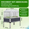 A raised garden bed with a greenhouse-style lid, featuring dimensions and feature callouts. Produktbild-Vorschau