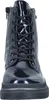 A close-up front view of a navy blue patent leather boot with black laces and a black sole. Produktbild-Vorschau