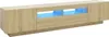 A modern, long TV stand with a light wood grain finish and blue LED lighting. The stand has two closed cabinets on the sides and open shelving in the middle. Anteprima dell’immagine prodotto