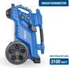 A blue Hyundai electric pressure washer is shown folded and standing on its wheels, against a white background. Text overlays indicate features. Produktbild-Vorschau