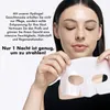 A woman is holding a hydrogel face mask in front of her face, with text overlays. Produktbild-Vorschau