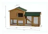 A wooden rabbit hutch with an attached run, shown with dimensions marked. Produktbild-Vorschau