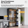 A modern living room or office space featuring a multi-functional cabinet with a display section and a bookshelf. Produktbild-Vorschau