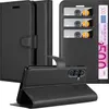 A black leather flip case for a smartphone, shown open to reveal card slots and a banknote. Produktbild-Vorschau