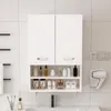A white bathroom cabinet with shelves filled with various toiletries and bottles, mounted on a tiled wall. Náhled obrázku produktu