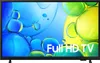 A television screen displaying a colorful abstract background with text. Voir les images du produit