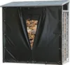 A black tarp-covered firewood rack with a zipper opening revealing stacked firewood. Produktbild-Vorschau
