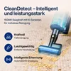 A close-up of a cordless vacuum cleaner head on a carpet, with text overlays highlighting its features. Produktbild-Vorschau