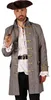 Grauer Piratenmantel Long John Silver an einem Mann mit Dreispitz, weißem Rüschenhemd, schwarzer Hose und gezogenem Degen. Produktbild-Vorschau