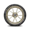 A close-up studio shot of a performance tire mounted on a gold alloy wheel, presented against a white background. Podgląd zdjęcia produktu
