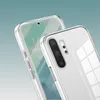 Close-up view of two transparent phone cases, one showing the front of a phone and the other showing the back camera module. Produktbild-Vorschau