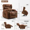 A collage of images showing a brown recliner chair with dimensions and different recline positions. Podgląd zdjęcia produktu