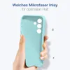 A hand holding a light blue phone case against a white background. Produktbild-Vorschau