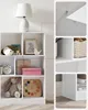 A collage of images showing a white cube shelf unit with various items on its shelves, close-ups of its construction, and a detail of its base. Produktbild-Vorschau