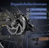 A close-up view of an electric bicycle's rear wheel and braking system, with overlaid text highlighting key features. Produktbild-Vorschau