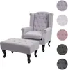 A grey armchair and ottoman set against a white background, with swatches of different colored fabric samples on the right. Náhled obrázku produktu
