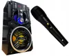 A black portable Bluetooth speaker with a microphone next to it, against a white background. Produktbild-Vorschau