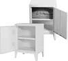 Two white nightstands are shown against a white background. One nightstand is in the foreground with its door open, revealing two shelves. The second nightstand is in the background, also with its door open, showing a pillow inside. Voir les images du produit