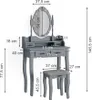 A gray vanity table with a lighted mirror and a stool, with dimensions indicated by text overlays. Produktbild-Vorschau