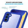 A close-up marketing image of a blue phone case, highlighting its protective features for the camera and screen. Produktbild-Vorschau