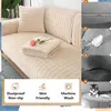 A collage showing a sofa cover, close-ups of its texture and stitching, and icons representing its features. Náhled obrázku produktu