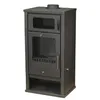 A dark gray wood-burning stove with a glass door and a small compartment above it. Produktbild-Vorschau