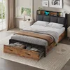 A bedroom scene featuring a bed with storage drawers and a headboard with charging capabilities. Produktbild-Vorschau