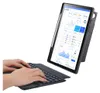 Hands typing on a keyboard attached to a tablet displaying a dashboard with charts and graphs. Produktbild-Vorschau