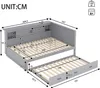 A diagram showing the dimensions of a gray bed frame with an extended trundle bed. Podgląd zdjęcia produktu