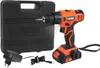A cordless drill with its accessories, including a case, charger, and battery, laid out on a white background. Produktbild-Vorschau