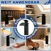 A collage of images showing a black waterfall faucet in different bathroom and kitchen settings, with text overlays indicating its applications. Produktbild-Vorschau