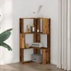A corner bookshelf with decorative items on a wooden floor next to a white curtain. Produktbild-Vorschau