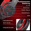Close-up view of a red and black wireless headphone with labels pointing to different functions and features. Produktbild-Vorschau