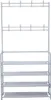 A gray metal garment rack with four shelves and two rows of hooks against a white background. Anteprima dell’immagine prodotto