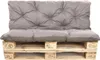 A gray pallet cushion set on a wooden pallet. Produktbild-Vorschau