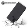 A dark brown flip phone case is shown diagonally, with a graphic indicating shockproof protection and text describing its features. Produktbild-Vorschau