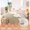 A cozy bedroom scene with a bed made up with a beige blanket and pillows, featuring decorative elements and product feature callouts. Náhľad obrázku produktu