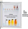 Interior view of an open refrigerator showing shelves with eggs and bottles. Produktbild-Vorschau