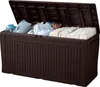 A brown storage box with its lid open, filled with cushions and blankets. Podgląd zdjęcia produktu