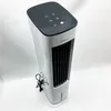 A tall, white and silver evaporative cooler with a black top control panel, placed on a white surface. Produktbild-Vorschau