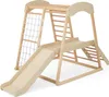 A wooden indoor playground structure with a slide, climbing net, and ladder. Produktbild-Vorschau