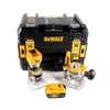 A DeWalt cordless router kit with a storage case, two router bases, and a battery pack. Podgląd zdjęcia produktu