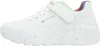 A side view of a white Skechers sneaker with rainbow speckles on the sole and rainbow accents on the heel and logo. Produktbild-Vorschau