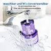 A purple vacuum cleaner filter is being rinsed under a running faucet in a sink. Produktbild-Vorschau
